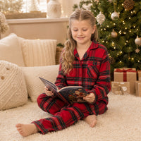 Girls' Daisy Dreamer Wincey Check pyjama set by Sock Stack, cotton-rich long sleeve PJs in red and cream check pattern for ages 3-14.