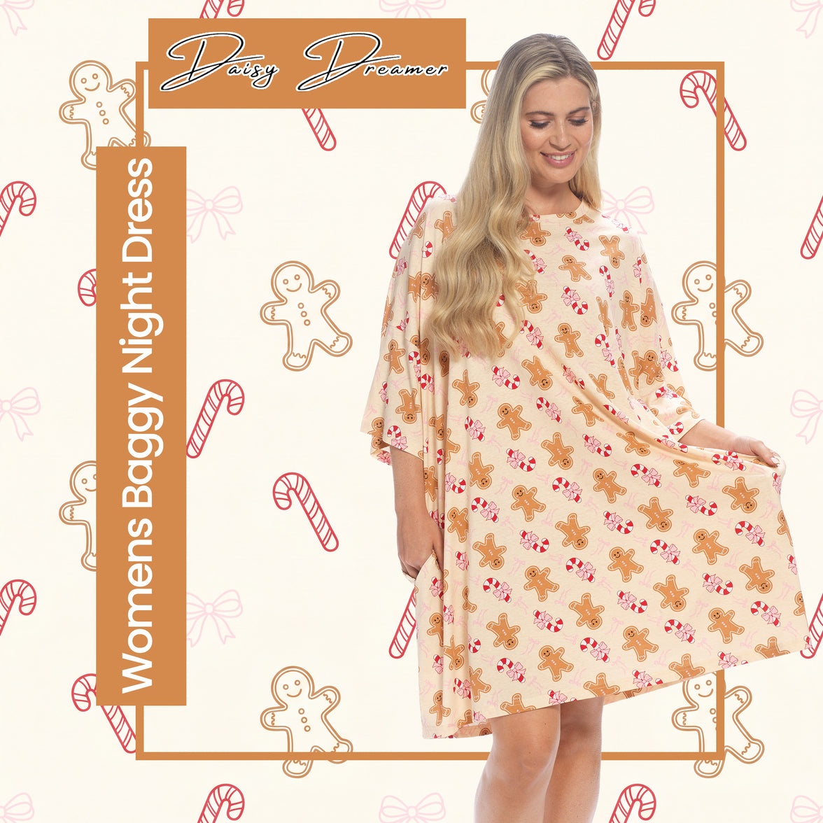 Camisón holgado para mujer Daisy Dreamer con estampado de bastones de caramelo y pan de jengibre, 100 % algodón, manga corta, talla única del Reino Unido