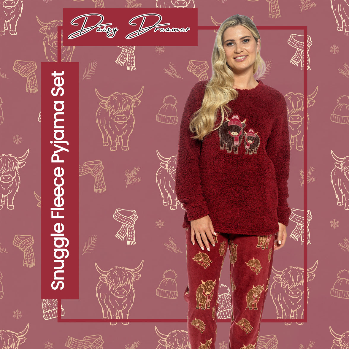 Daisy Dreamer women's Highland cow print cotton jersey pyjama set with long sleeves, available in sizes S to XL.