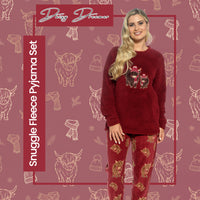 Daisy Dreamer women's Highland cow print cotton jersey pyjama set with long sleeves, available in sizes S to XL.