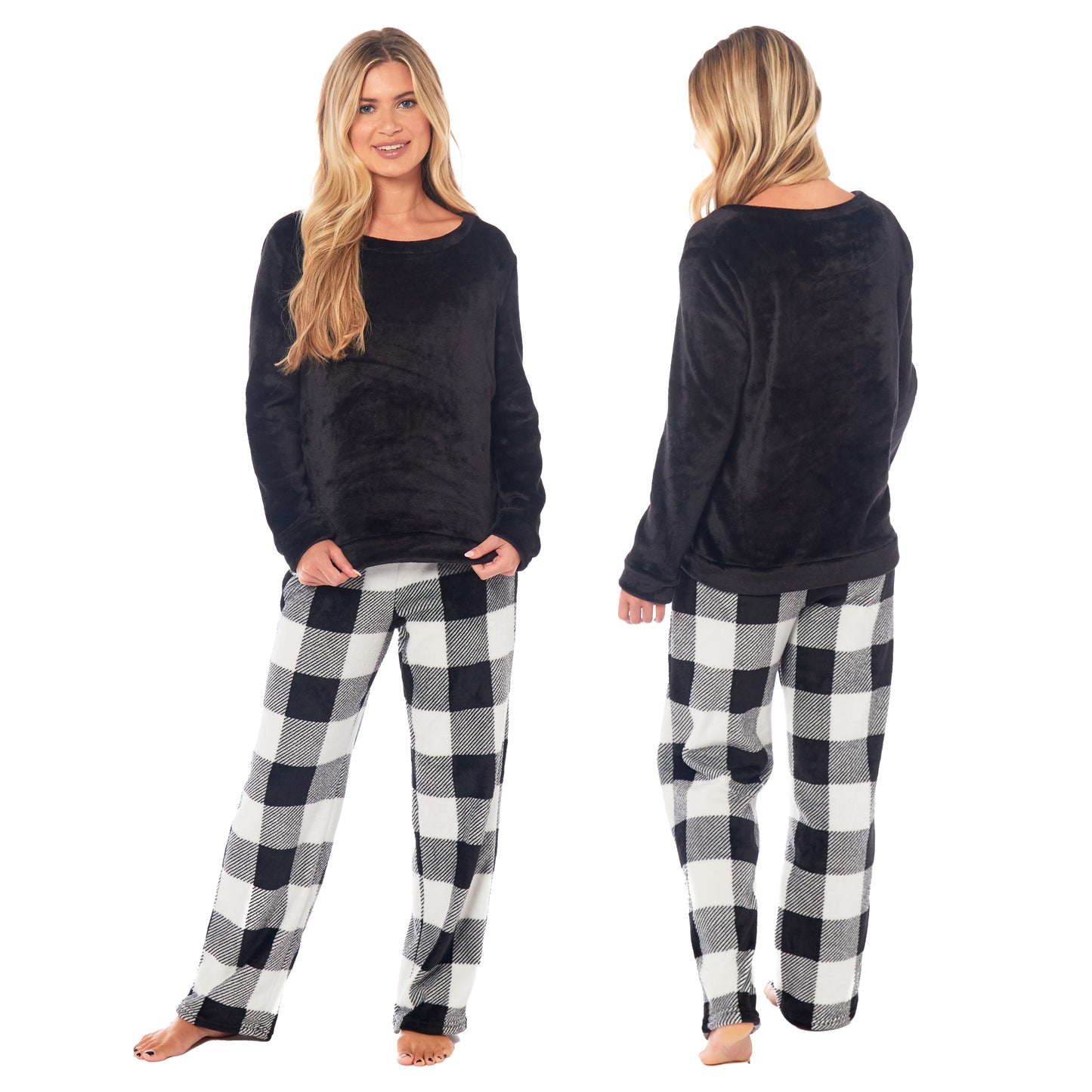 Women's Buffalo Check Fleece Pyjamas Set, Long Sleeve Top & Pajama Bottoms, Cosy Loungewear Nightwear