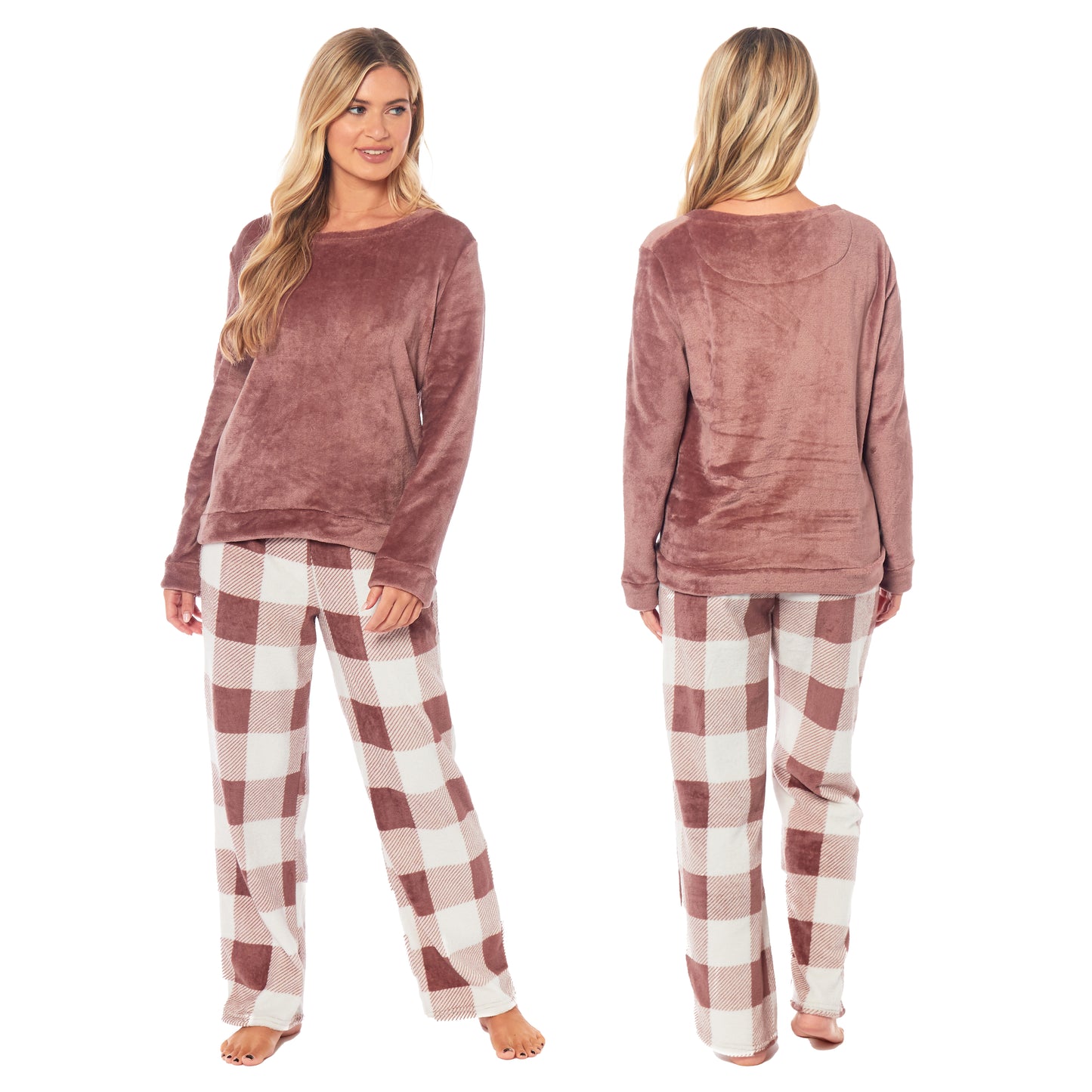 Women's Buffalo Check Fleece Pyjamas Set, Long Sleeve Top & Pajama Bottoms, Cosy Loungewear Nightwear