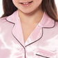 Kids Satin Silk Pyjama Set for Girls with Button-Down Shirt and Loose-Fitting Pants Comfortable Loungewear in Black Pink Grey Ages 5-14 by Daisy Dreamer. Buy now for £12.00.