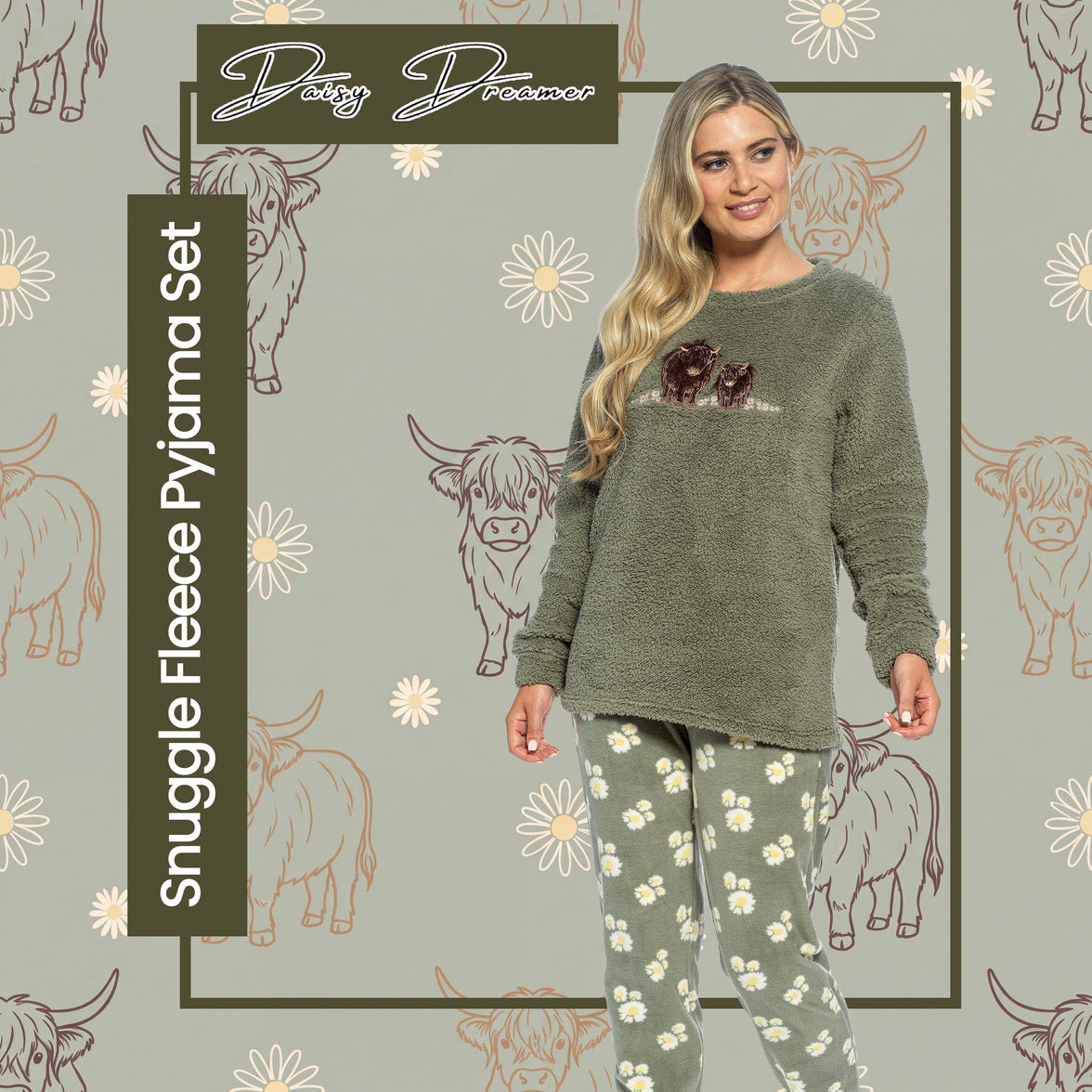 Conjunto de pijama de jersey de algodón con estampado de vaca Highland para mujer Daisy Dreamer, manga larga, ropa cómoda