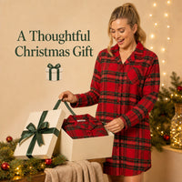 Daisy Dreamer women's red and cream checked cotton-rich flannelette nightdress with long sleeves and button front, available in S-XL.
