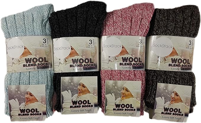 6 Pairs Chunky Wool Thermal Socks for Women Warm Thick Insulated Winter Socks for Outdoor Activities and Work Boots Size UK 4-7 EU 37-40 Assorted Colours Sock Stack. Buy now for £12.00.