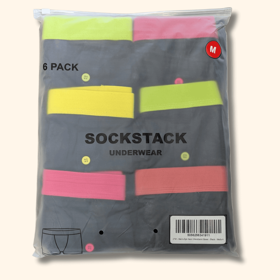 6 Pack Classic Menswear Black Cotton Blend Boxer Shorts Breathable Activewear Comfortable Stretch Colourful Waistband Durable Lightweight Button Fly Underwear MB08 by Sock Stack Boxer Shorts
