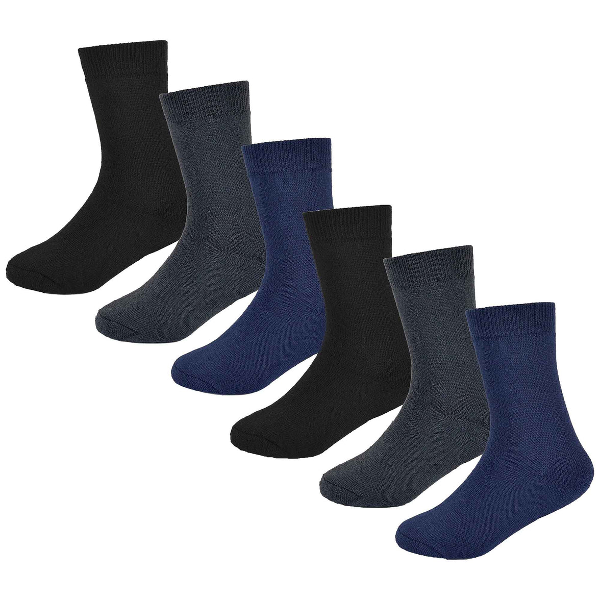 6 Pack Kids Thermal Socks Boys Girls Winter Boot Socks Non-Slip Cushioned Warm Durable Footwear Assorted Colors Sizes 4-13 Years by Heatwave Thermalwear 9-12 / BLACK/NAVY/GREY Socks