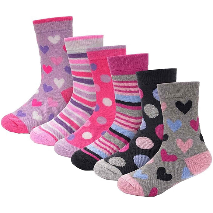 6 Pack Kids Thermal Socks Boys Girls Winter Boot Socks Non-Slip Cushioned Warm Durable Footwear Assorted Colors Sizes 4-13 Years by Heatwave Thermalwear 9-12 / HEARTS/STRIPES/DOTS Socks