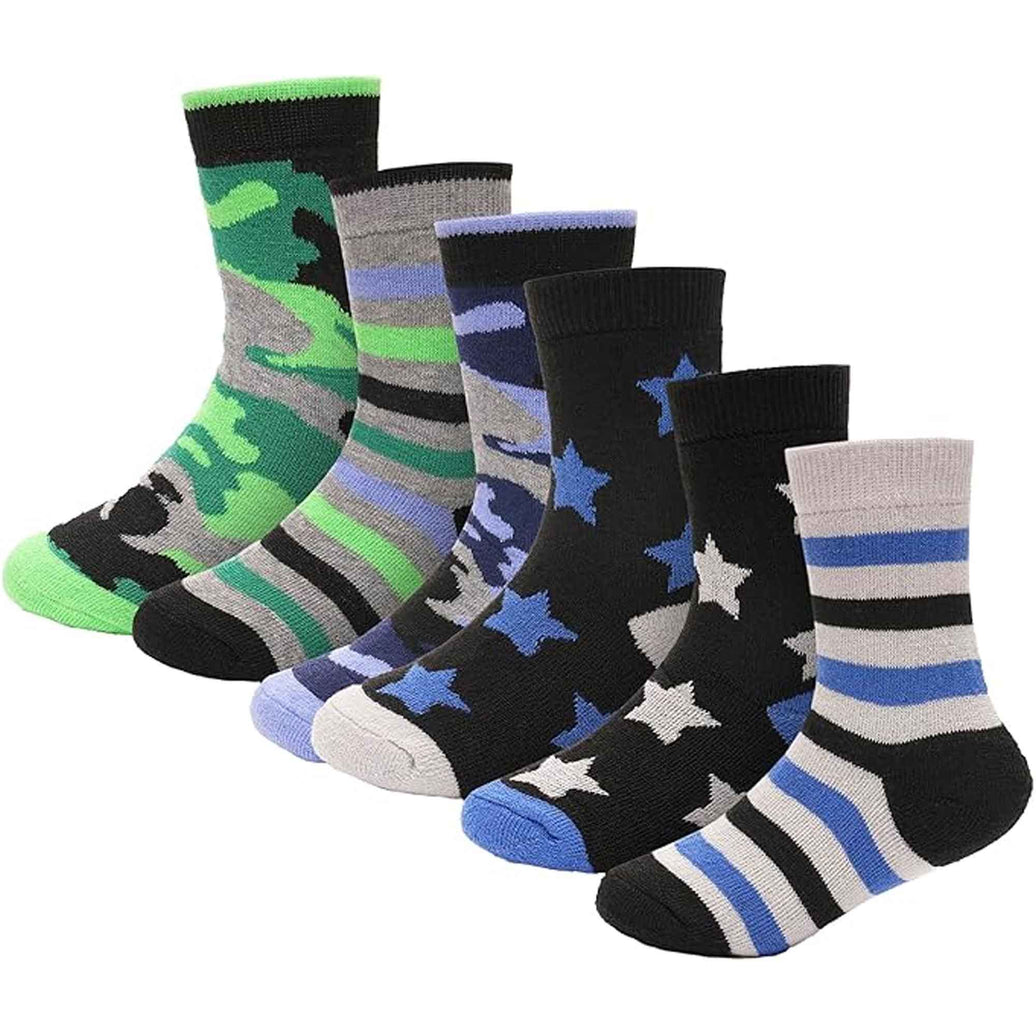 6 Pack Kids Thermal Socks Boys Girls Winter Boot Socks Non-Slip Cushioned Warm Durable Footwear Assorted Colors Sizes 4-13 Years by Heatwave Thermalwear 9-12 / STARS/STRIPES/DOTS Socks