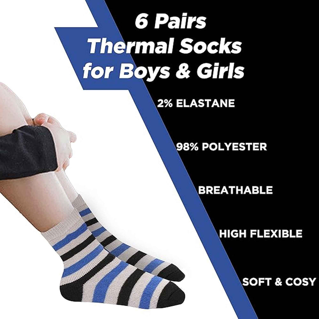 6 Pack Kids Thermal Socks Boys Girls Winter Boot Socks Non-Slip Cushioned Warm Durable Footwear Assorted Colors Sizes 4-13 Years by Heatwave Thermalwear Socks