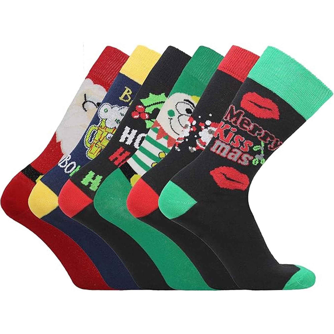 6 Pack Men's Christmas Socks Cotton Rich Holiday Designs Festive Santa Snowman Holly Turkey Comfortable Warm Gift UK 6-11 EUR 39-45 by Sock Stack ASSORTED / 6-11 Socks