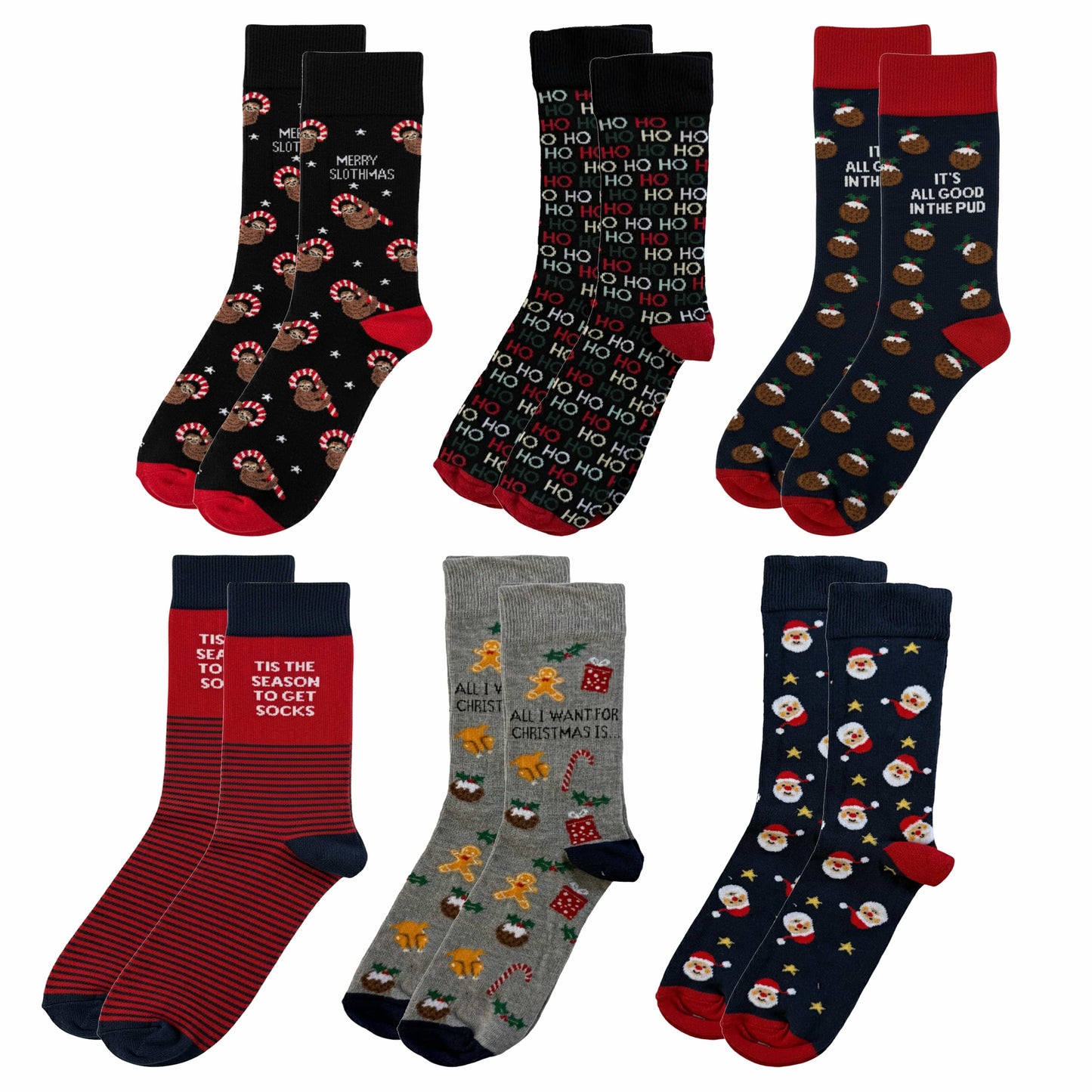 6 Pack Men’s Christmas Socks Festive Gift Set Novelty Xmas Sock for Men Santa Pudding & Gingerbread Holiday Stocking Fillers UK Size 6-11 by Sock Stack Assorted Socks