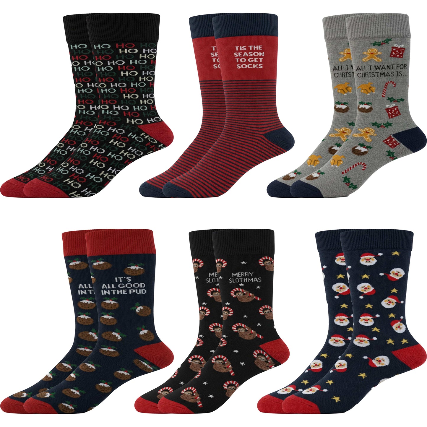 6 Pack Men’s Christmas Socks Festive Gift Set Novelty Xmas Sock for Men Santa Pudding & Gingerbread Holiday Stocking Fillers UK Size 6-11 by Sock Stack Assorted Socks
