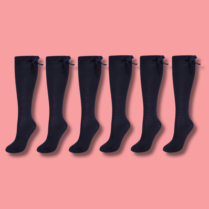 6 Pairs Girls Knee High Socks With Ribbon Bows Back To School Cotton Rich Long Socks Stylish Comfortable Durable For Uniforms Everyday Wear Ages 2-16 Years by Sock Stack NAVY / 9-12 Socks