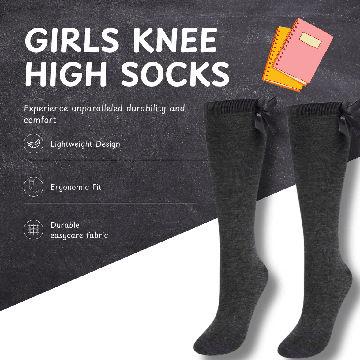 6 Pairs Girls Knee High Socks With Ribbon Bows Back To School Cotton Rich Long Socks Stylish Comfortable Durable For Uniforms Everyday Wear Ages 2-16 Years by Sock Stack Socks
