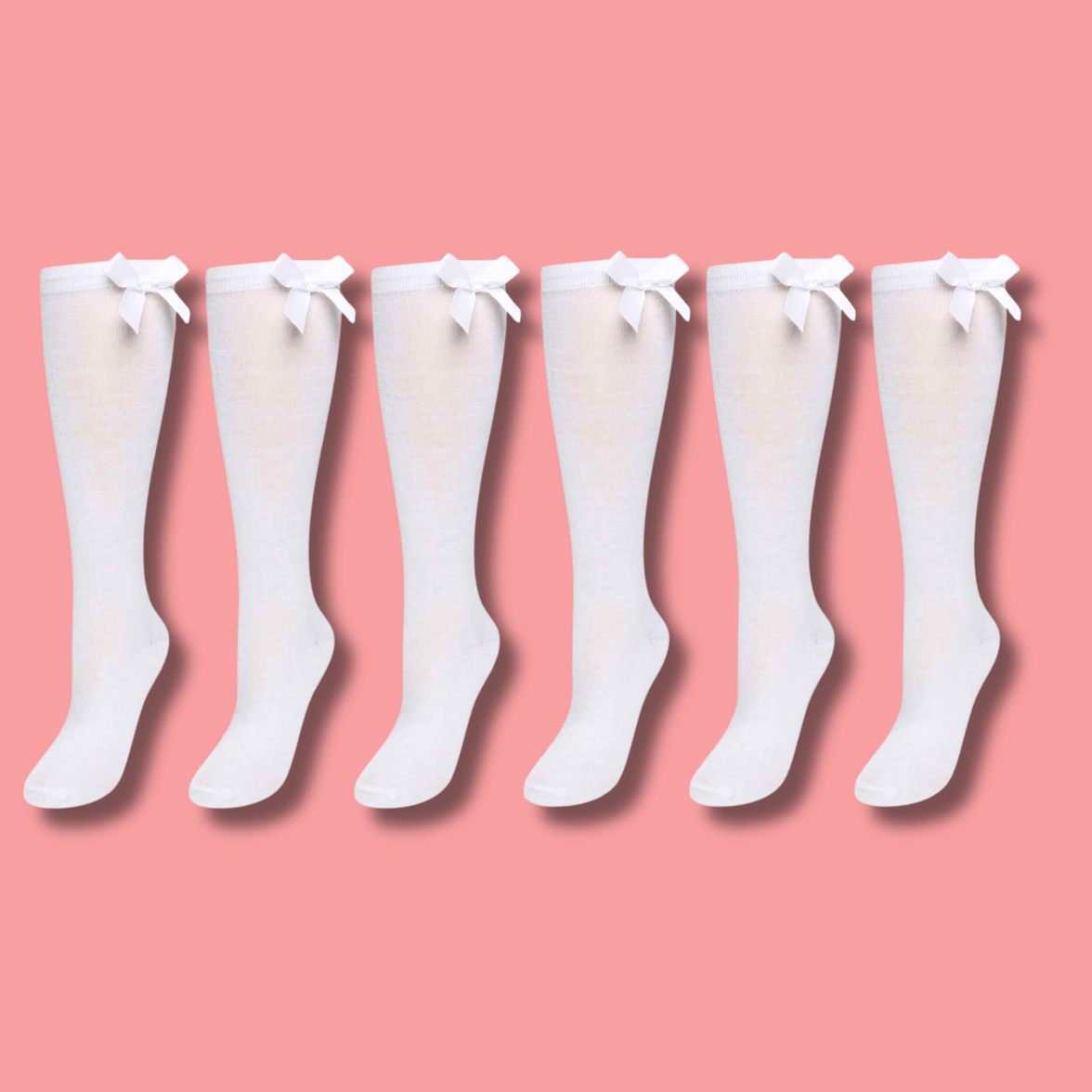 6 Pairs Girls Knee High Socks With Ribbon Bows Back To School Cotton Rich Long Socks Stylish Comfortable Durable For Uniforms Everyday Wear Ages 2-16 Years by Sock Stack WHITE / 9-12 Socks