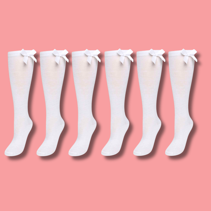 6 Pairs Girls Knee High Socks With Ribbon Bows Back To School Cotton Rich Long Socks Stylish Comfortable Durable For Uniforms Everyday Wear Ages 2-16 Years by Sock Stack WHITE / 9-12 Socks