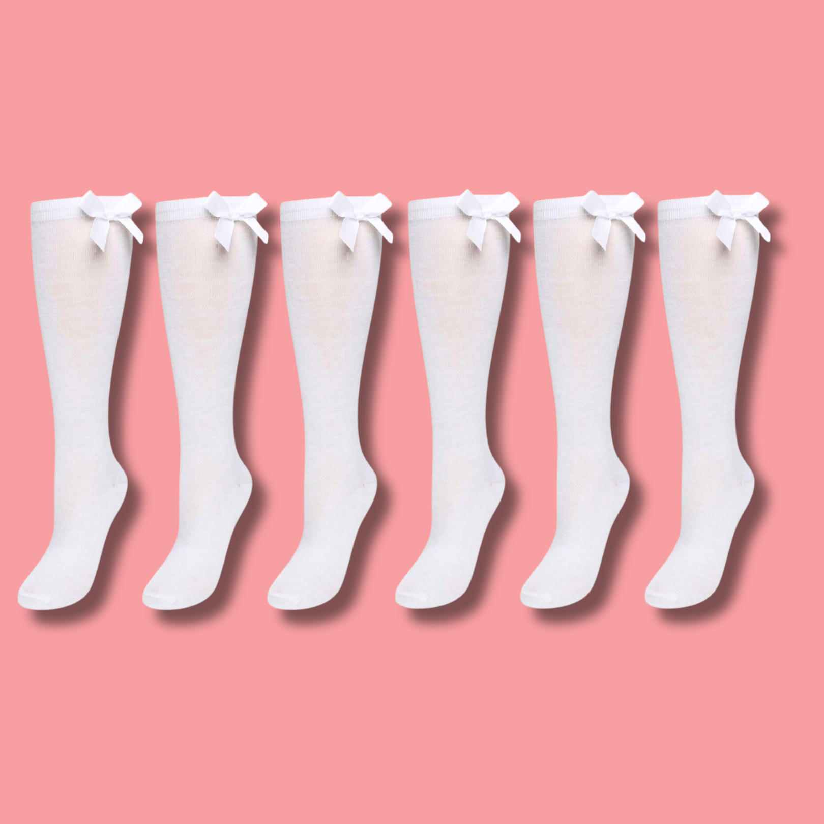 6 Pairs Girls' Knee High School Socks With Bow - Cotton Blend, Assorted Colors, Multiple Sizes