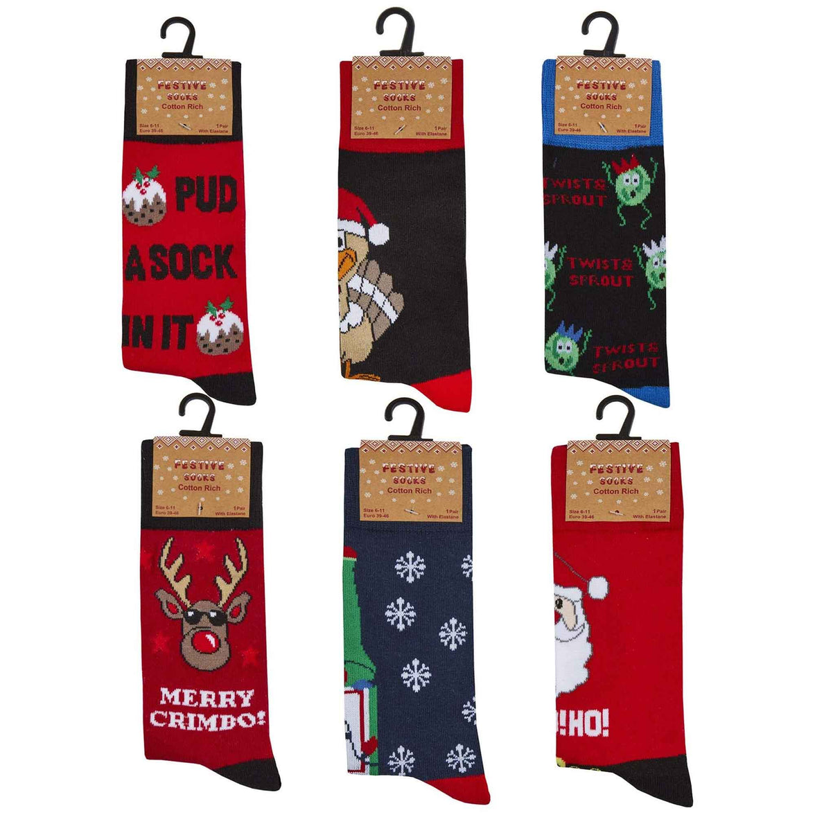 6 Pairs Men's Christmas Socks Collection Novelty Festive Designs Cotton Rich Santa Rudolph Beer Xmas Pudding Comfortable Holiday Socks by Sock Stack UK 6-11 EUR 39-45 ASSORTED / 6-11 Socks