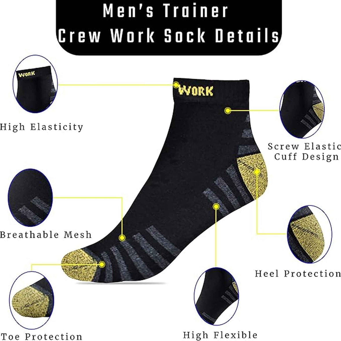 6 Pairs Mens Crew Work Boot Socks Reinforced Heel and Toe Durable Cotton Polyester Blend Breathable Moisture-Wicking Ideal for Construction Hiking by Sock Stack ASSORTED / 6-11 Socks
