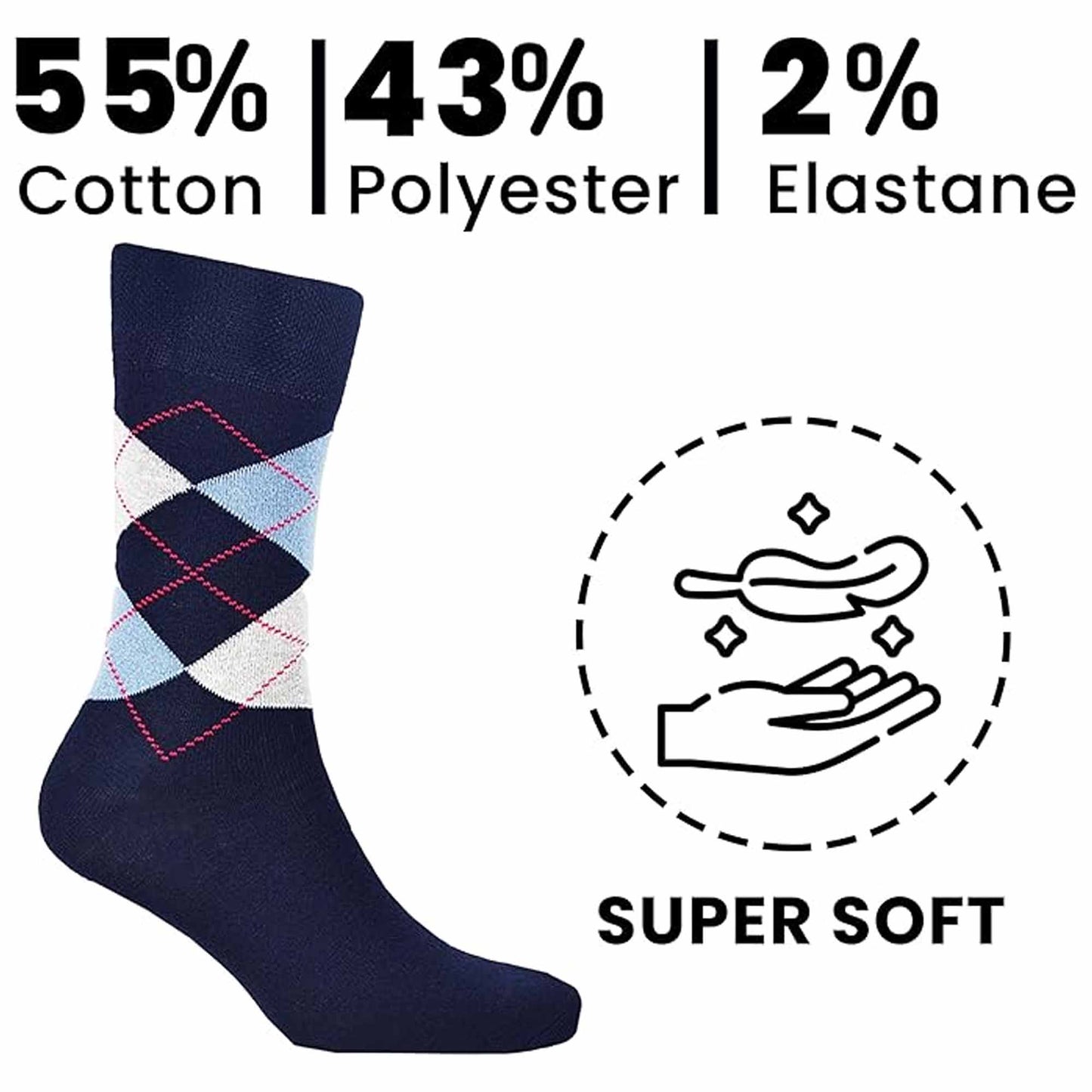 6 Pairs Mens Diabetic Socks Non Elastic Loose Grip Antibacterial Moisture-Wicking Cotton Blend Size 6-11 Ideal for Sensitive Legs Sock Stack UK 6-11 / ARGYLE Socks