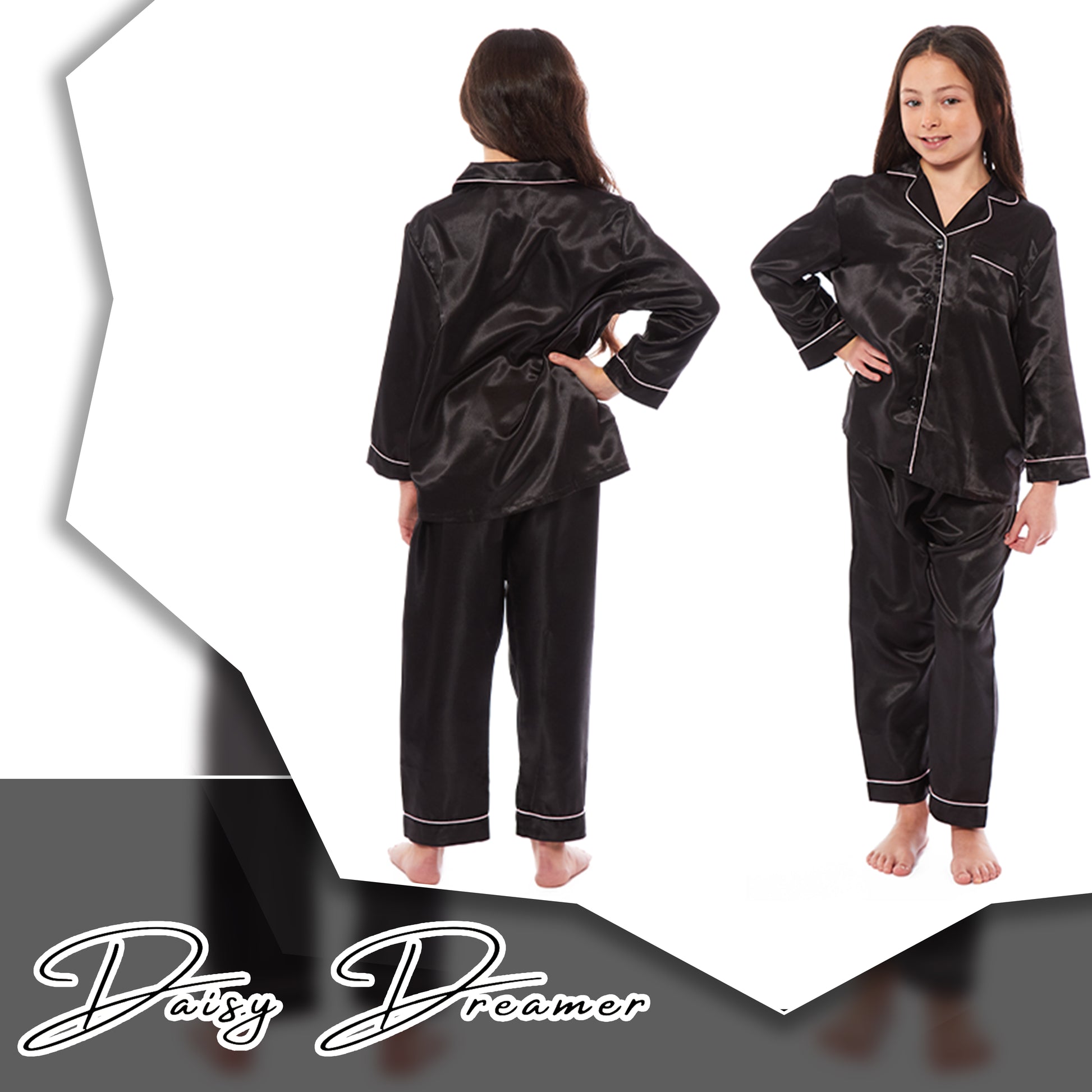 Girls Long Sleeve Satin Silk Pyjama Set Comfortable Button-Down Sleepwear in Black Pink Grey Sizes 5-14 YRS by Daisy Dreamer. Buy now for £14.00.