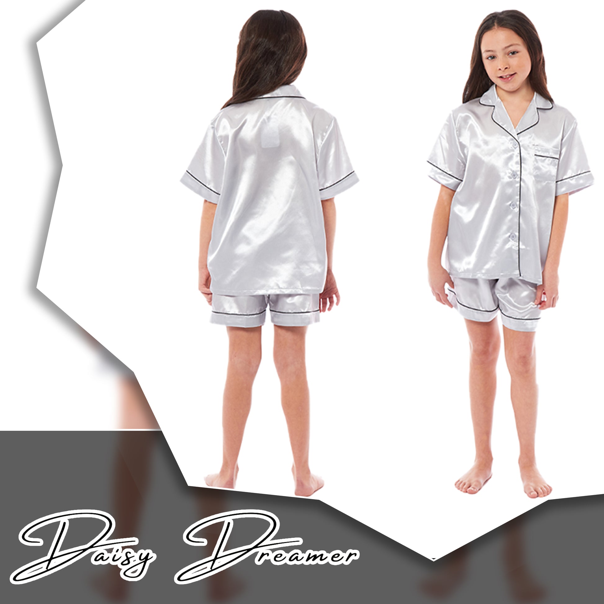 Kids Satin Silk Pyjama Set for Girls with Button-Down Shirt and Loose-Fitting Pants Comfortable Loungewear in Black Pink Grey Ages 5-14 by Daisy Dreamer. Buy now for £12.00.
