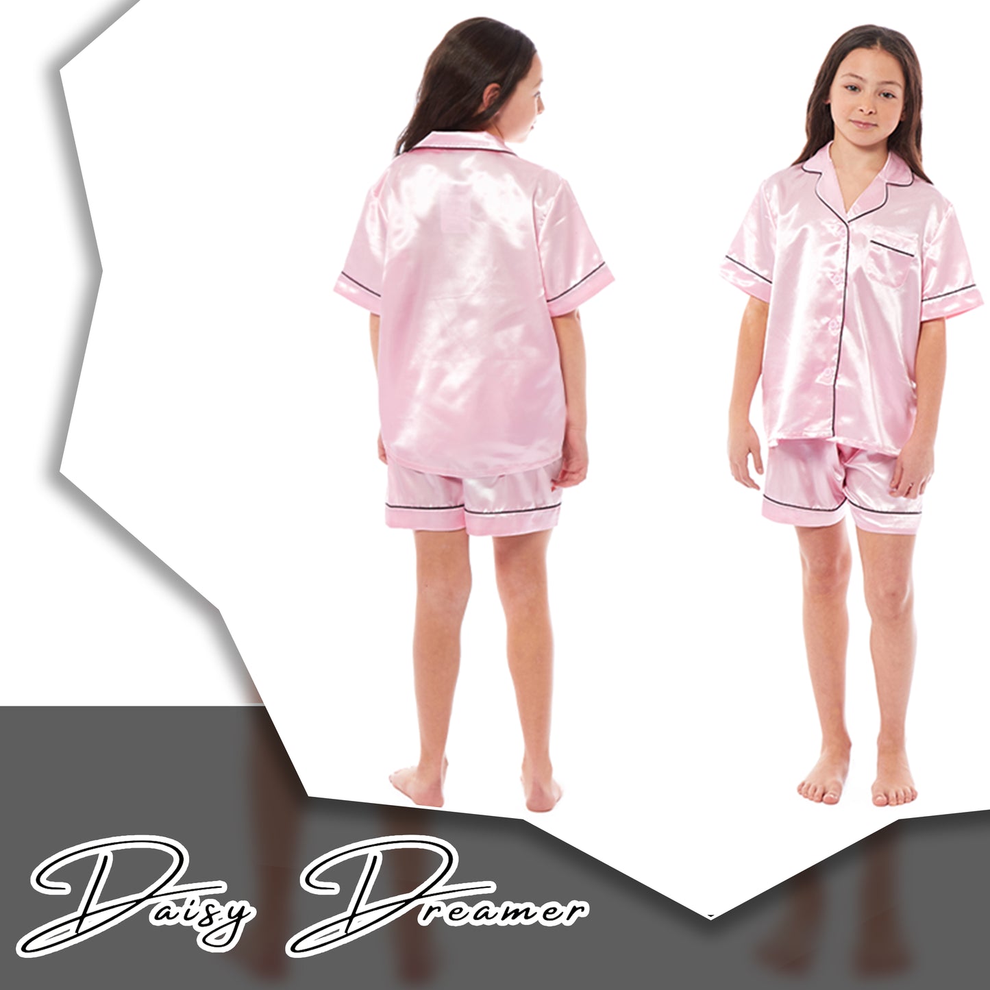 Kids Satin Silk Pyjama Set for Girls with Button-Down Shirt and Loose-Fitting Pants Comfortable Loungewear in Black Pink Grey Ages 5-14 by Daisy Dreamer. Buy now for £12.00.
