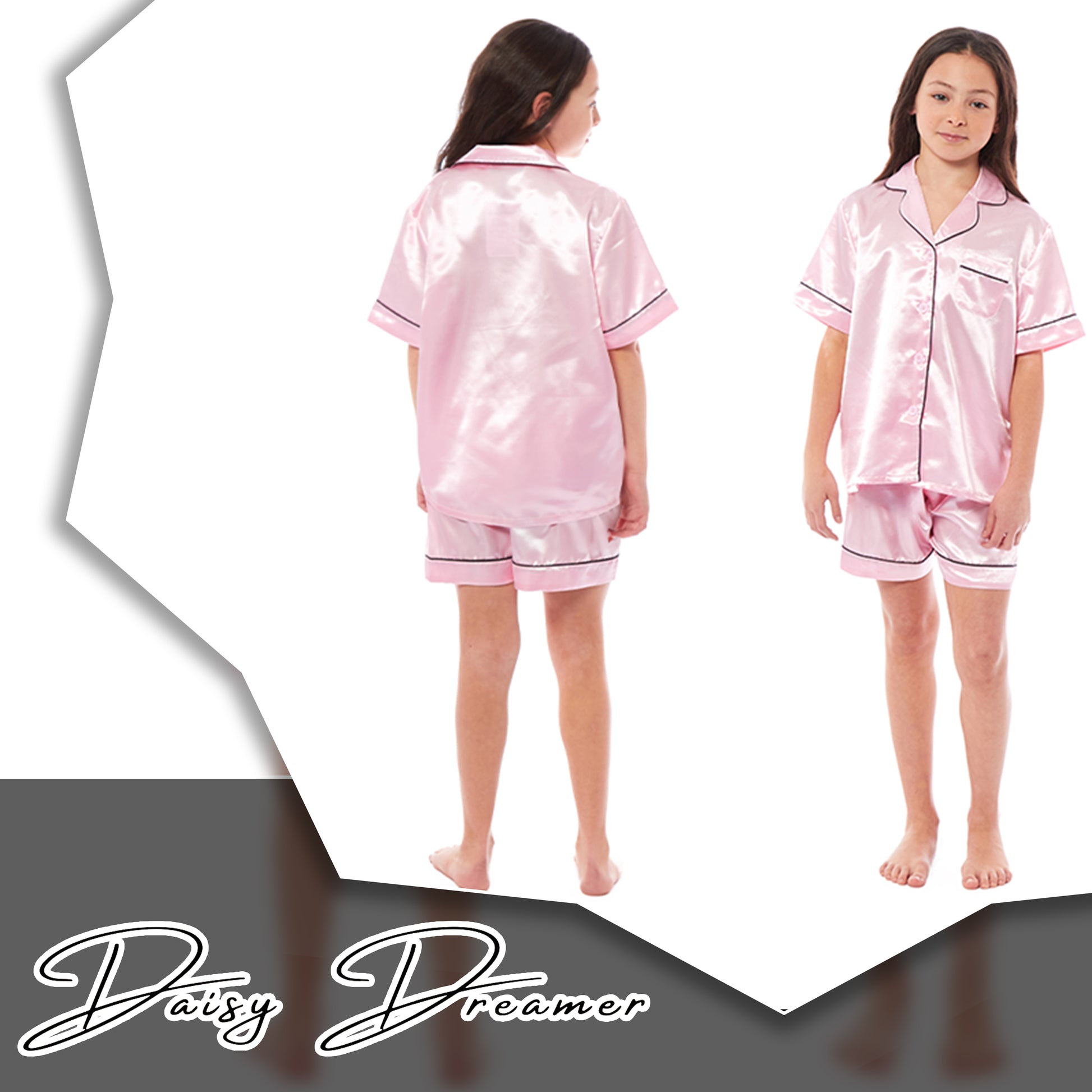 Kids Satin Silk Pyjama Set for Girls with Button-Down Shirt and Loose-Fitting Pants Comfortable Loungewear in Black Pink Grey Ages 5-14 by Daisy Dreamer. Buy now for £12.00.