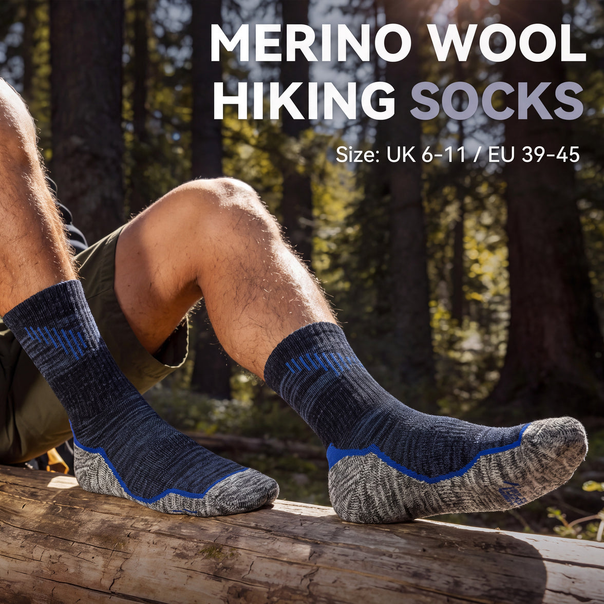 Sock Stack men's merino wool hiking socks, cushioned, in a 4-pack, suitable for UK shoe sizes 6-11, shown in a bundle.