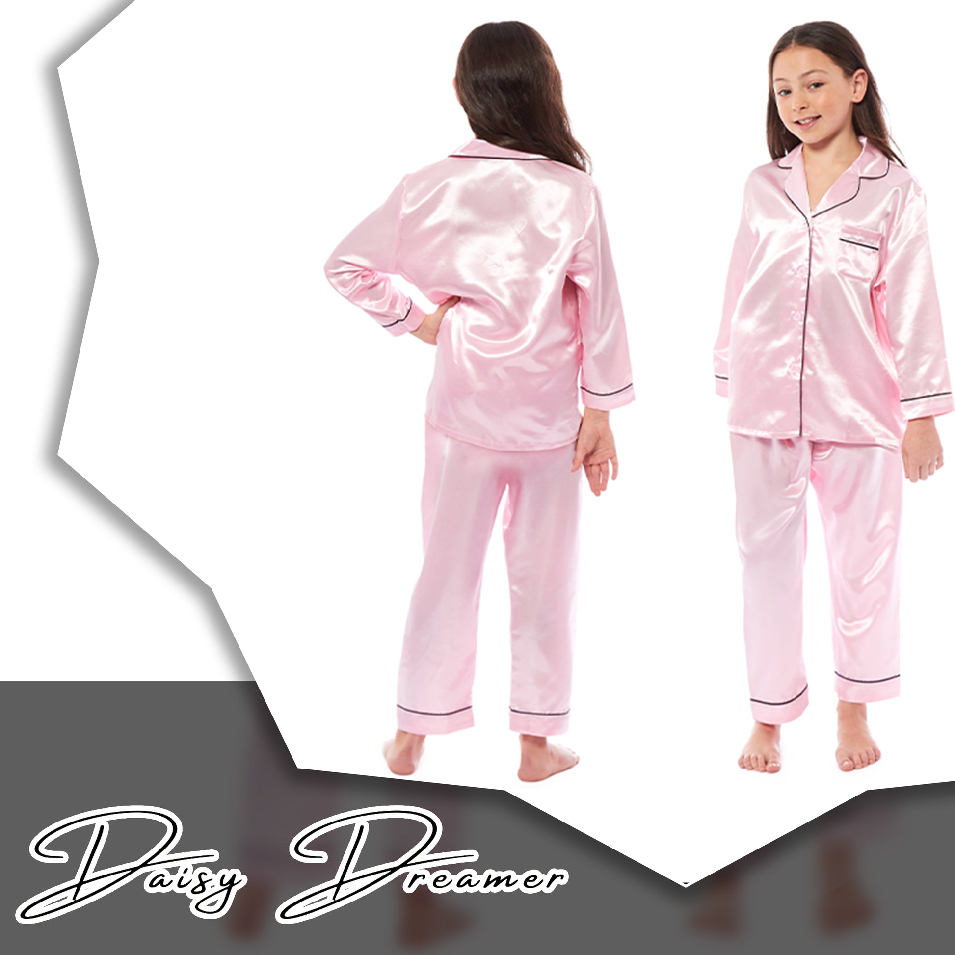 Girls Long Sleeve Satin Silk Pyjama Set Comfortable Button-Down Sleepwear in Black Pink Grey Sizes 5-14 YRS by Daisy Dreamer. Buy now for £14.00.
