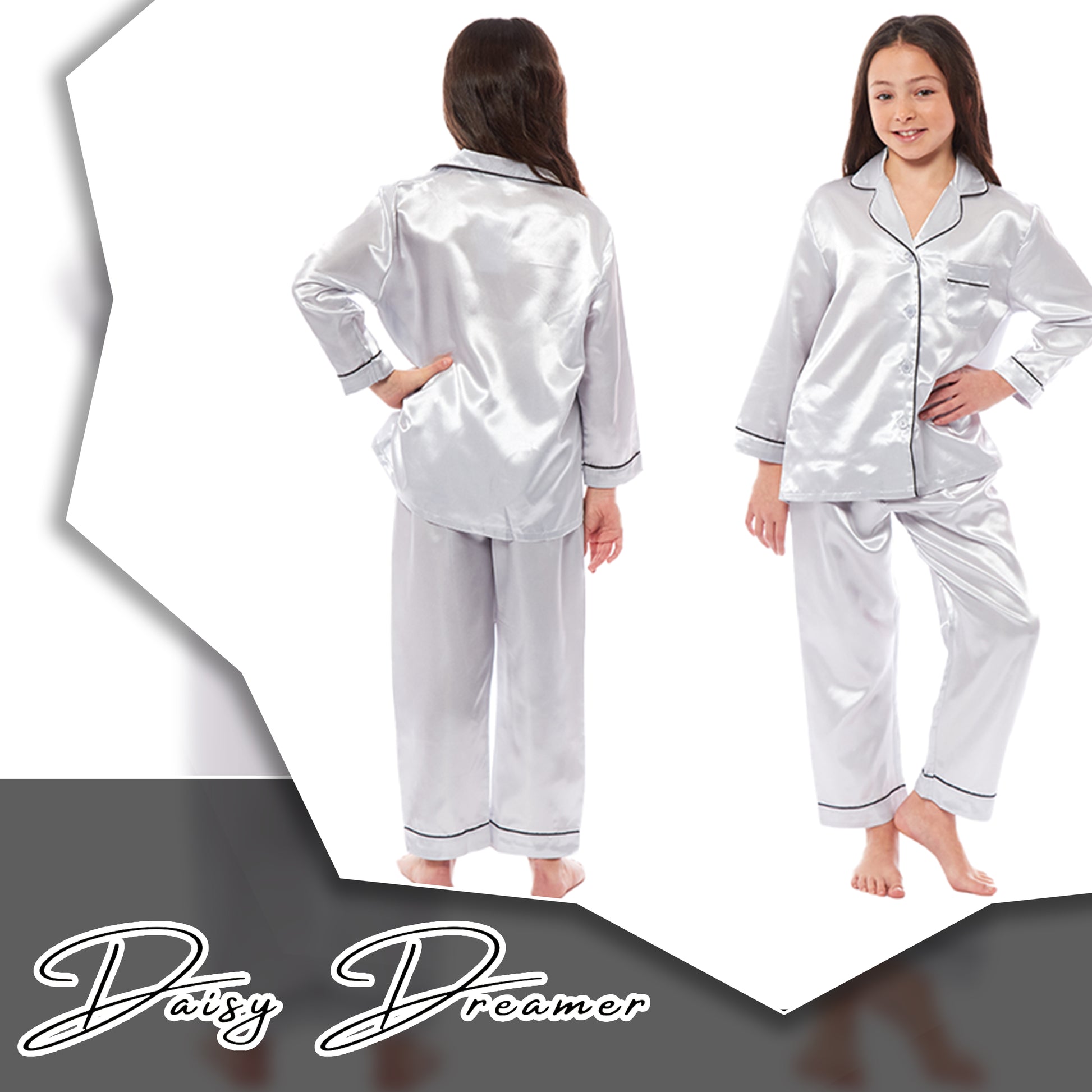 Girls Long Sleeve Satin Silk Pyjama Set Comfortable Button-Down Sleepwear in Black Pink Grey Sizes 5-14 YRS by Daisy Dreamer. Buy now for £14.00.