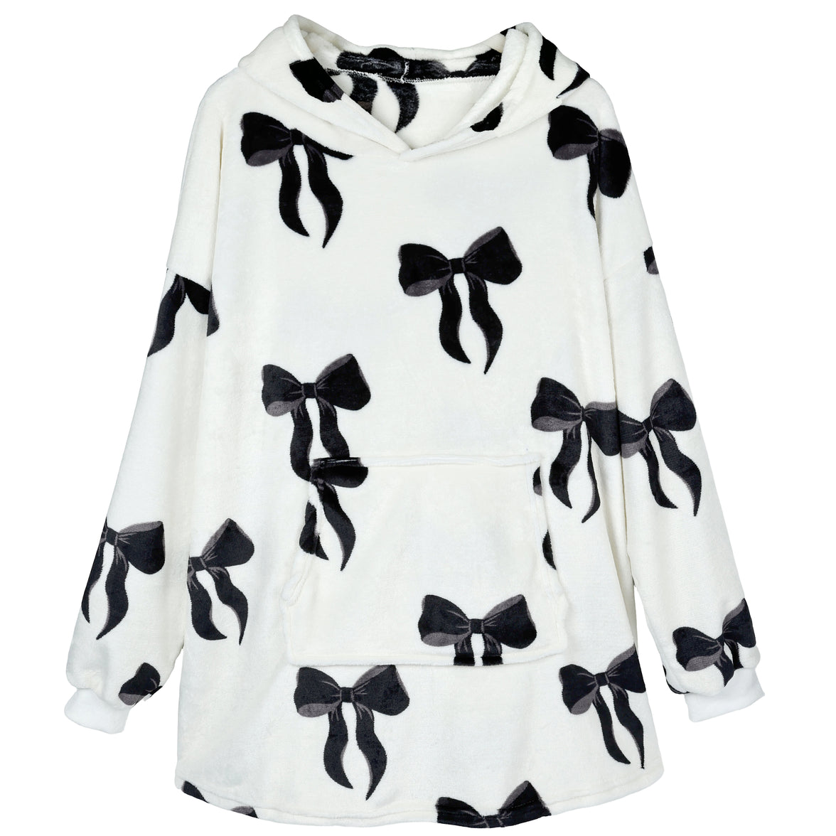 Daisy Dreamer oversized hooded blanket for women, soft fleece hoodie with bows and Highland cow and candy cane design.