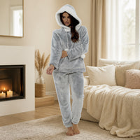 Daisy Dreamer Women's Plush Fleece Hooded Pyjama Set in Shimmer Grey Cosy Winter
