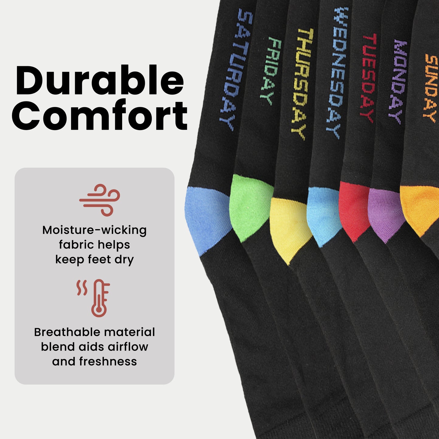 7 Pack Days Of The Week Cotton Rich Boys Girls Kids Men's Women's Socks Black with Multi Colour Heel and Toe Design By Sock Stack. Buy now for £9.00.