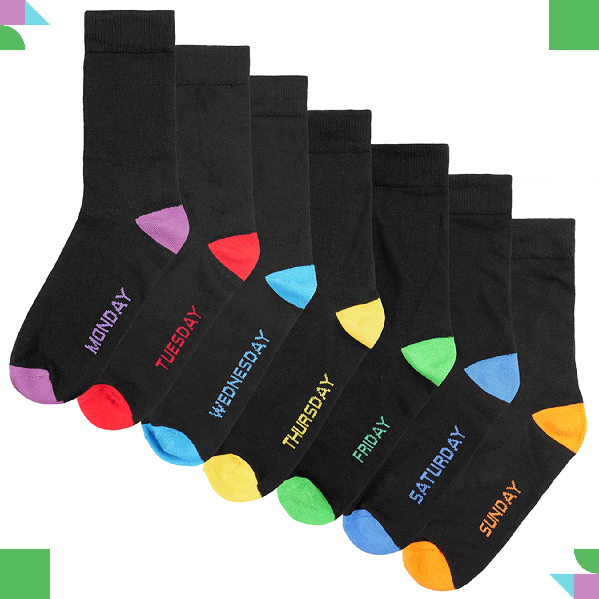 7 Pack Days Of The Week Cotton Rich Boys Girls Kids Men's Women's Socks Black with Multi Colour Heel and Toe Design By Sock Stack. Buy now for £9.00.