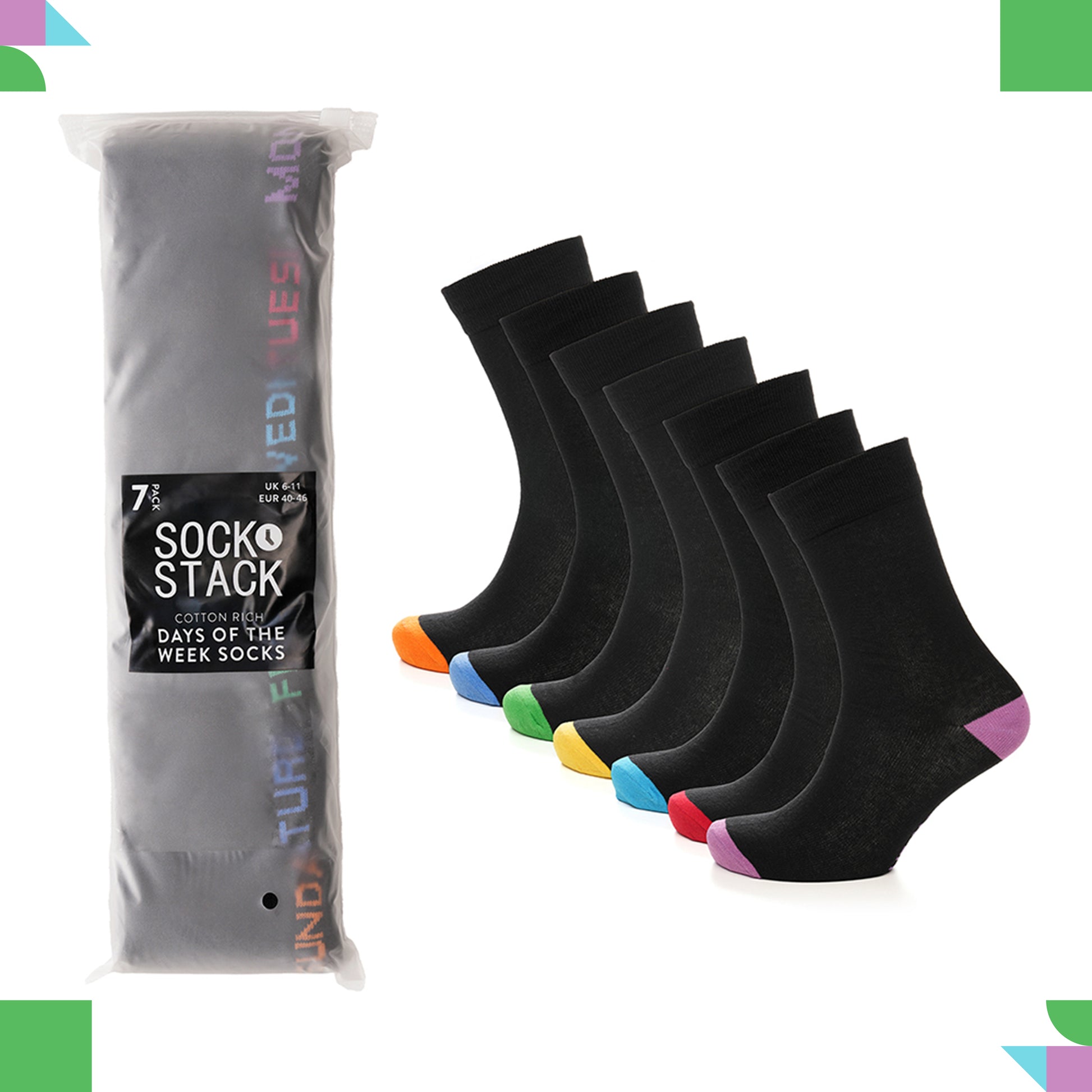 7 Pack Days Of The Week Cotton Rich Boys Girls Kids Men's Women's Socks Black with Multi Colour Heel and Toe Design By Sock Stack. Buy now for £9.00.