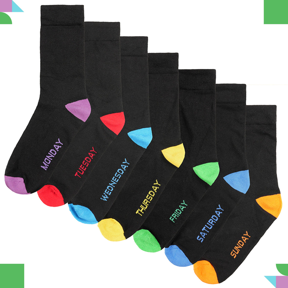 7 Pack Days Of The Week Cotton Rich Boys Girls Kids Men's Women's Socks Black with Multi Colour Heel and Toe Design By Sock Stack Socks