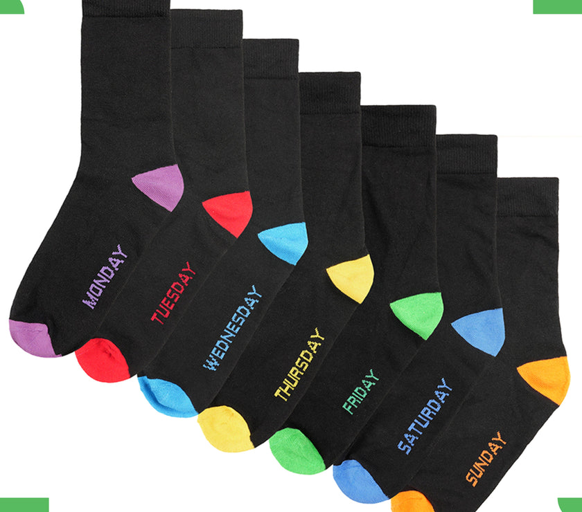 Sock Stack Days Of The Week Socks 7 Pack Cotton Rich Black With Multi ...