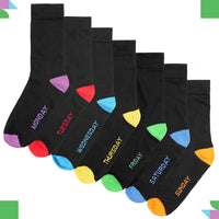 7 Pack Days Of The Week Cotton Rich Boys Girls Kids Men's Women's Socks Black with Multi Colour Heel and Toe Design By Sock Stack Socks