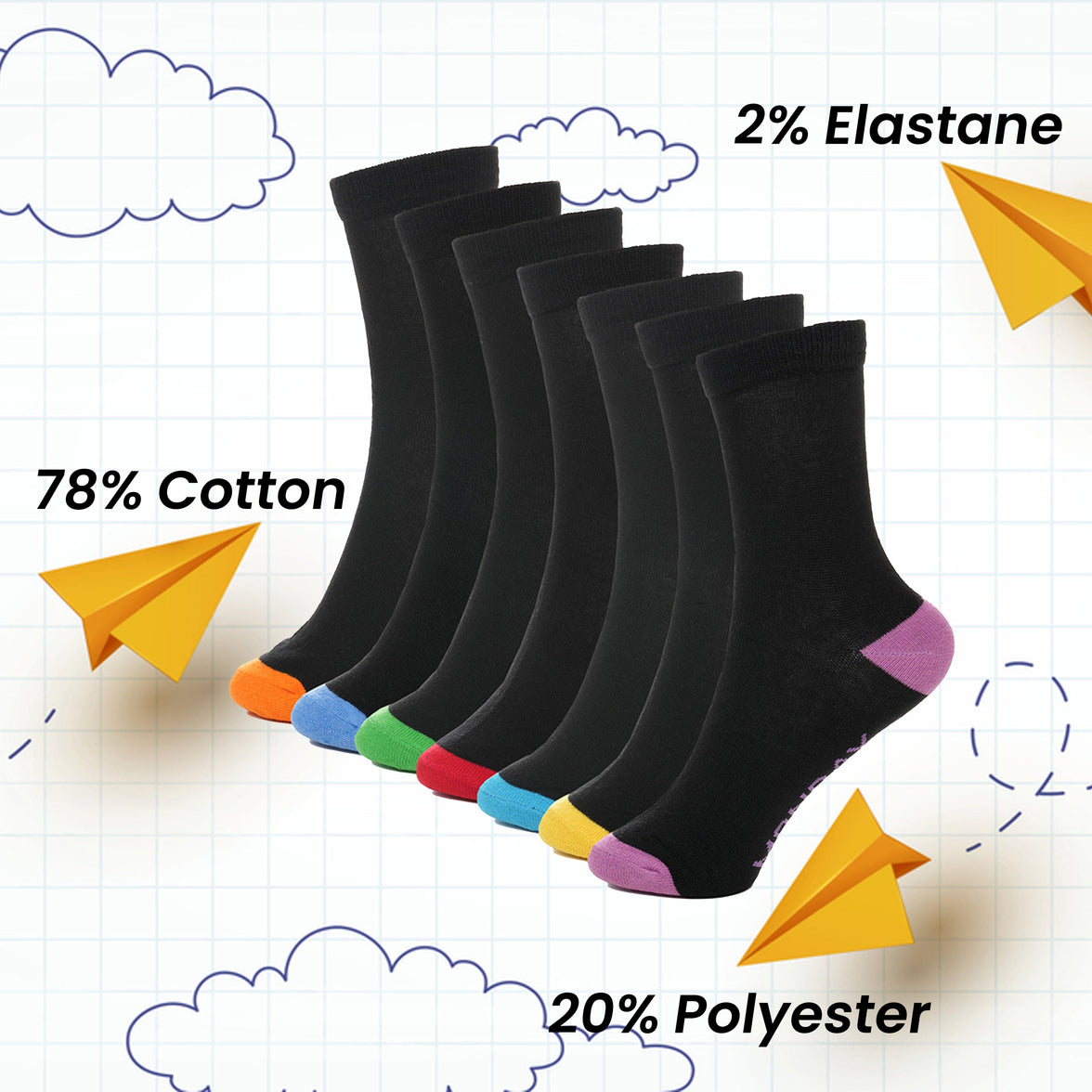 7 Pack Days Of The Week Cotton Rich Boys Girls Kids Men's Women's Socks Black with Multi Colour Heel and Toe Design By Sock Stack Socks