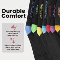 7 Pack Days Of The Week Cotton Rich Boys Girls Kids Men's Women's Socks Black with Multi Colour Heel and Toe Design By Sock Stack Socks