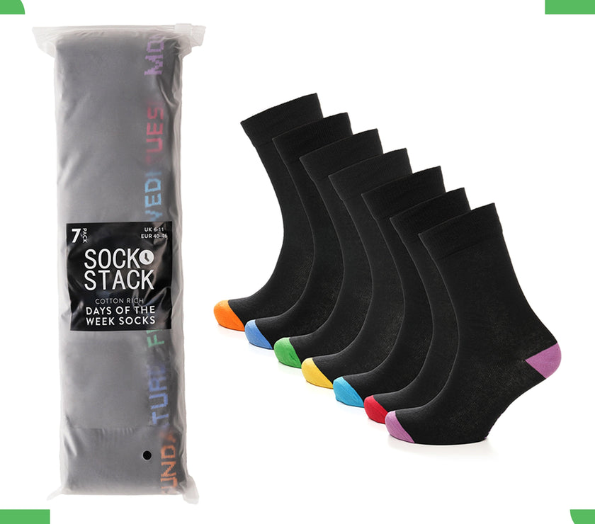 Sock Stack Days Of The Week Socks 7 Pack Cotton Rich Black With Multi ...