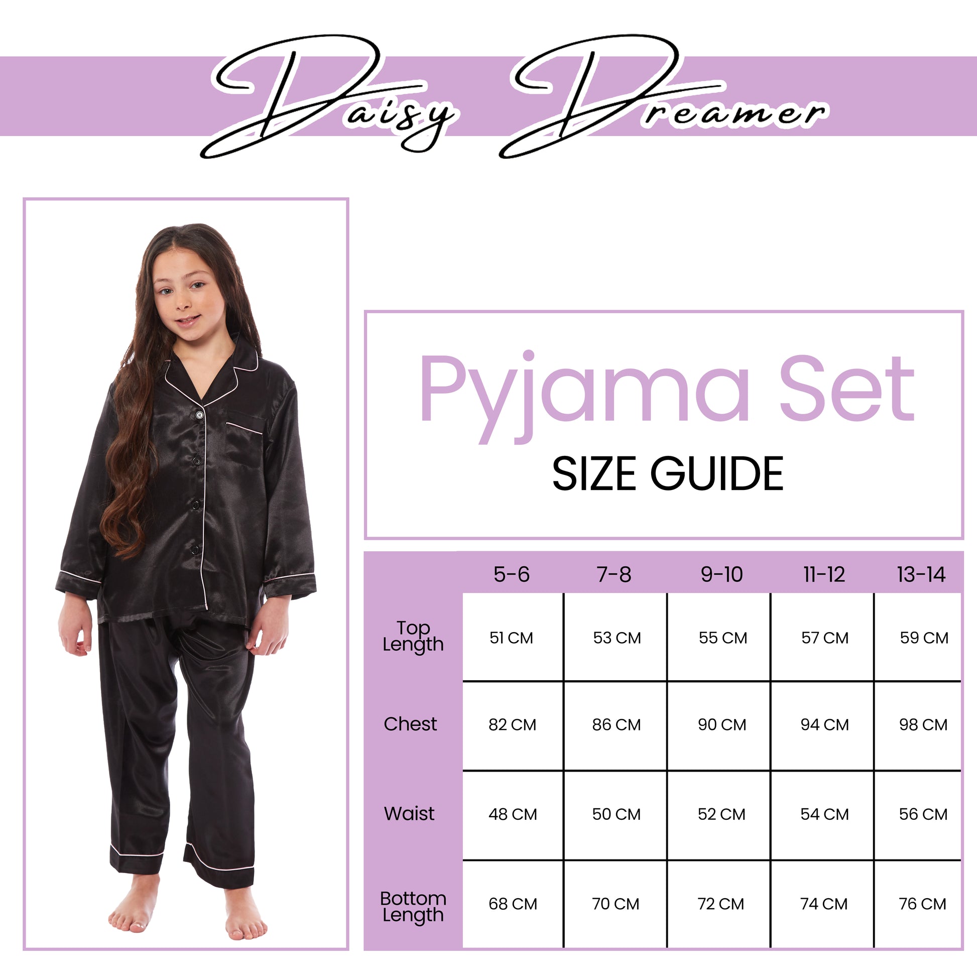 Girls Long Sleeve Satin Silk Pyjama Set Comfortable Button-Down Sleepwear in Black Pink Grey Sizes 5-14 YRS by Daisy Dreamer. Buy now for £14.00.