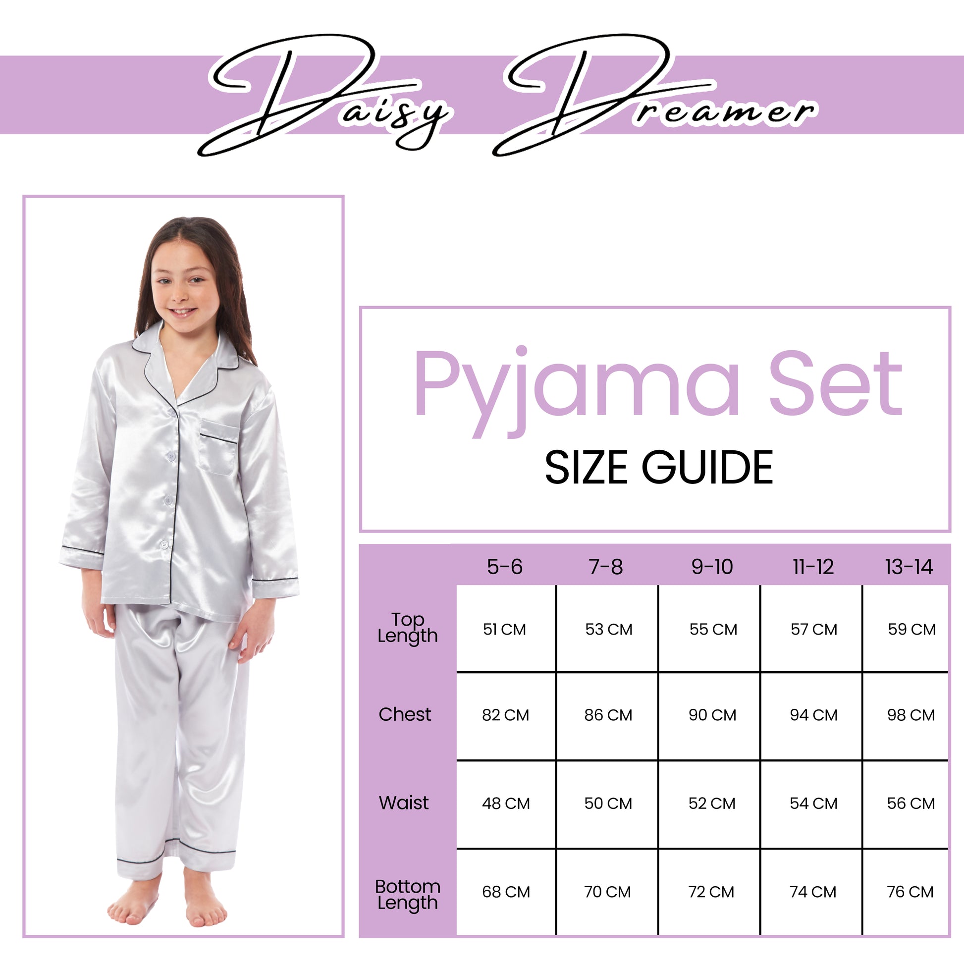 Girls Long Sleeve Satin Silk Pyjama Set Comfortable Button-Down Sleepwear in Black Pink Grey Sizes 5-14 YRS by Daisy Dreamer. Buy now for £14.00.
