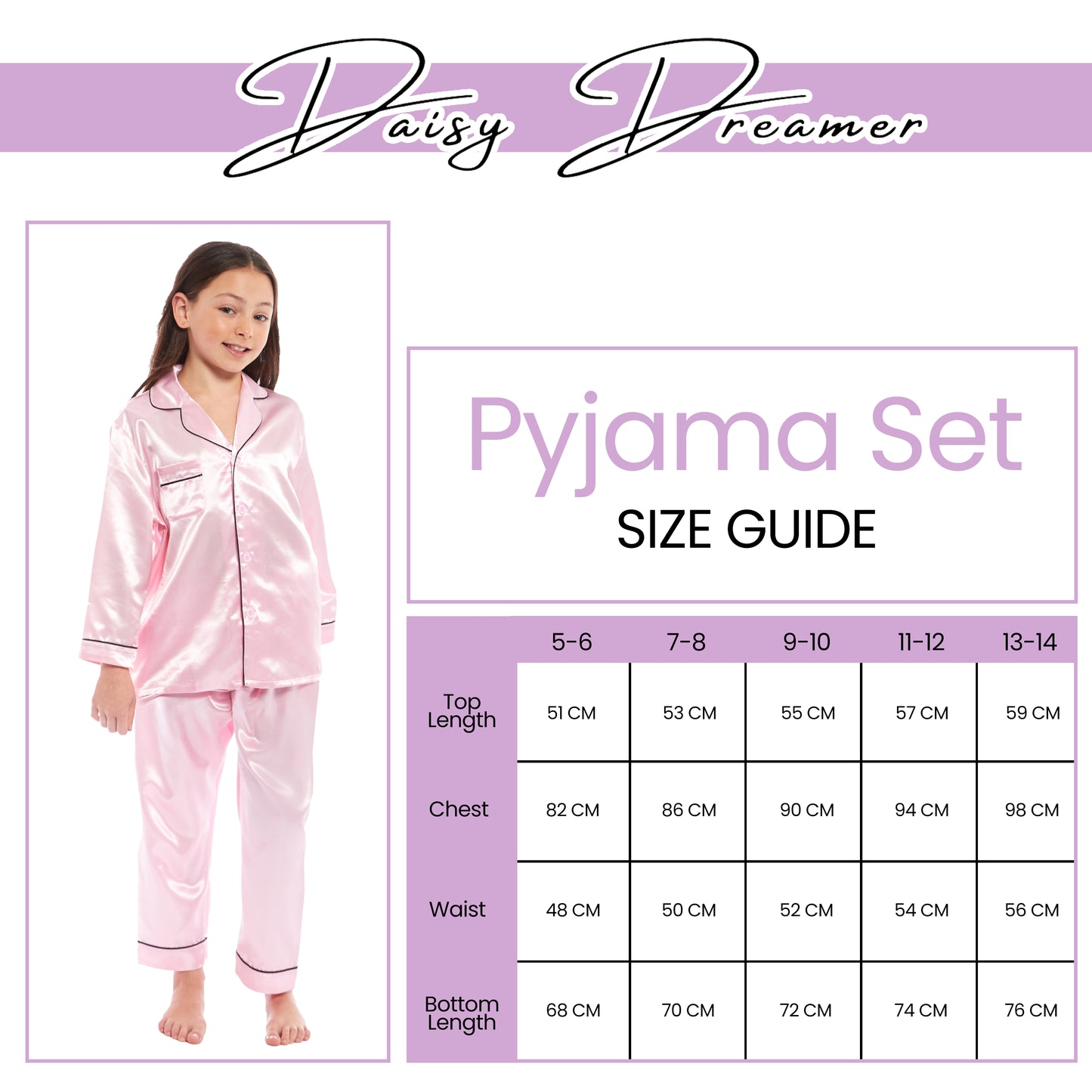 Girls Long Sleeve Satin Silk Pyjama Set Comfortable Button-Down Sleepwear in Black Pink Grey Sizes 5-14 YRS by Daisy Dreamer. Buy now for £14.00.