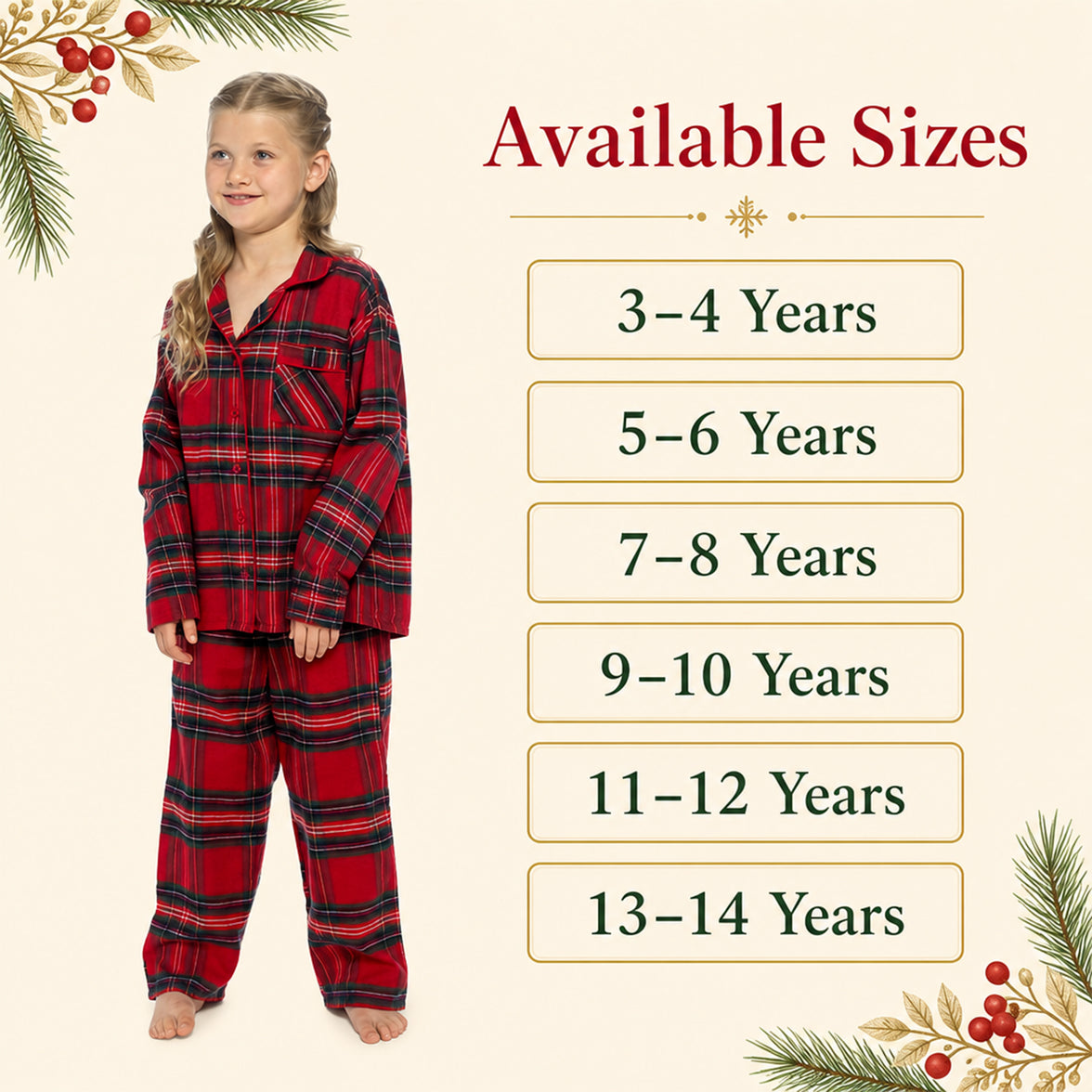 Girls' Daisy Dreamer Wincey Check Pyjama Set by Sock Stack, red and cream cotton-rich long sleeve PJs with button-up top for ages 3-14.
