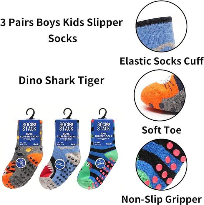 3 Pairs Boys Kids Slipper Socks, Children's Dino Shark Tiger Designs. Buy now for £8.00. A Socks by Sock Stack. animal, animals, boys, boys socks, childrens, Comfort, dinosaur, kids, kids socks, mens socks, printed, shark, Slipper Socks, sock, socks, soft