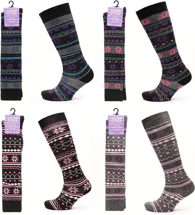 4 Pairs Ladies Ski Wellington Boot Socks Womens Cotton Rich Breathable. Buy now for £8.00. A Socks by Sock Stack. boot, boot socks, childrens, cotton, fair isle, footwear, girls, girls socks, holidays, kids, kids socks, ladies, long socks, polyester, sock